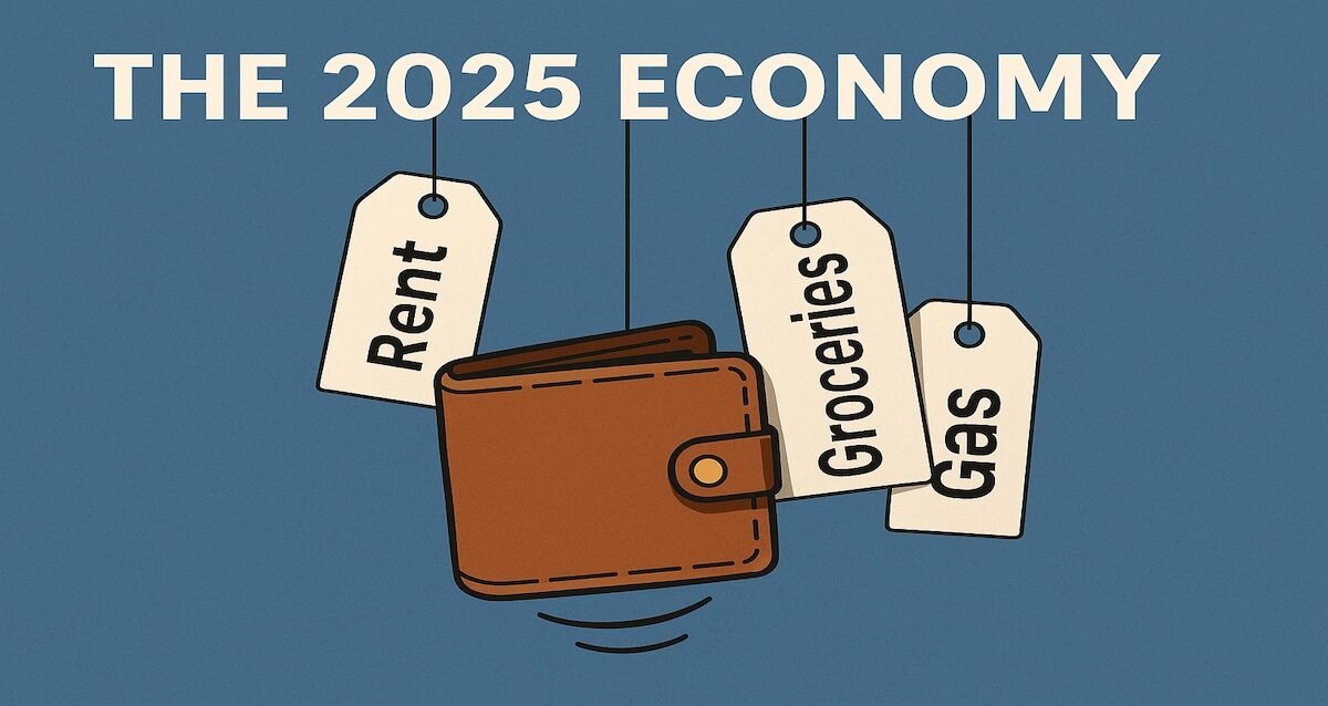 A wallet shrinking under price tags labeled Rent, Groceries, and “Gas