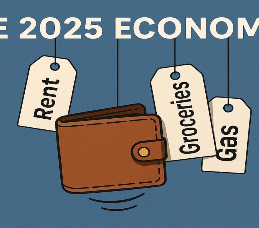 A wallet shrinking under price tags labeled Rent, Groceries, and “Gas