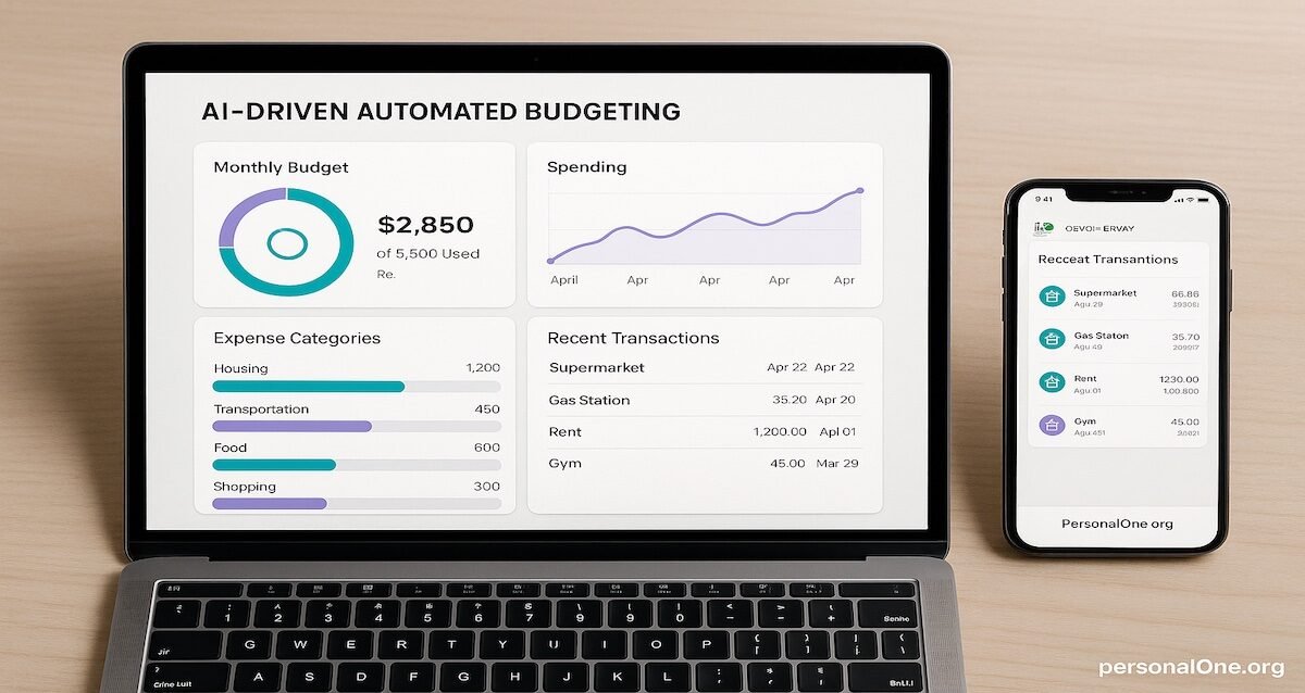 dashboard showing AI-driven automated budgeting app interface on laptop and phone