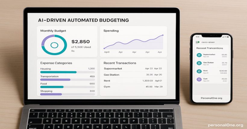 dashboard showing AI-driven automated budgeting app interface on laptop and phone