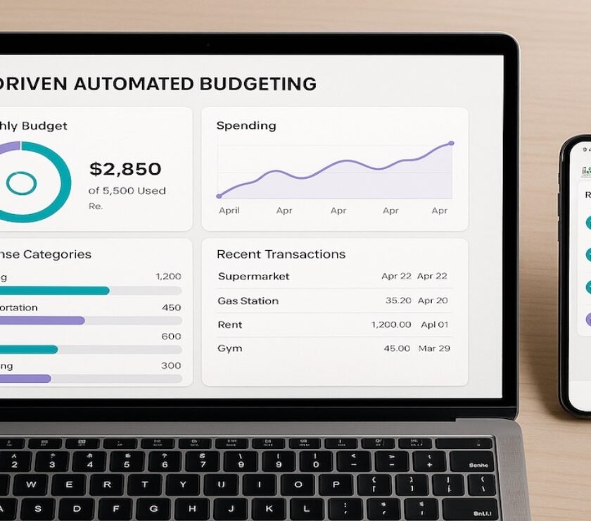 dashboard showing AI-driven automated budgeting app interface on laptop and phone