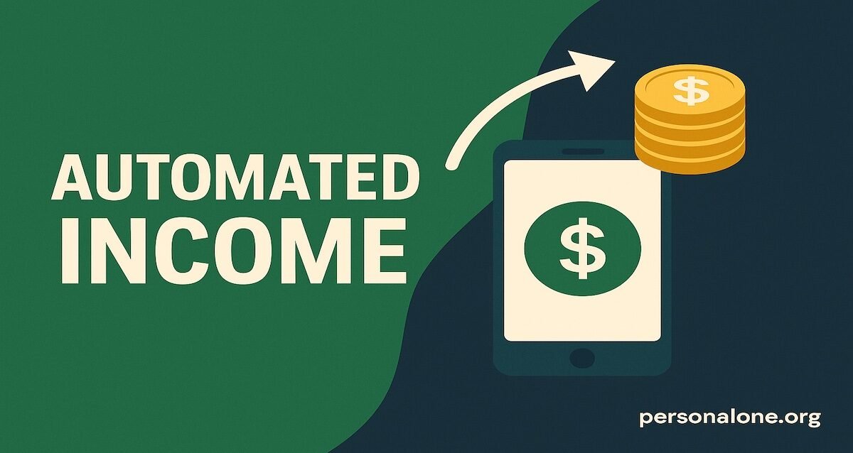 Modern illustration showing automated income concept with smartphone, upward arrow, and gold coins, in green and dark blue PersonalOne brand colors with personalone.org in bottom right corner