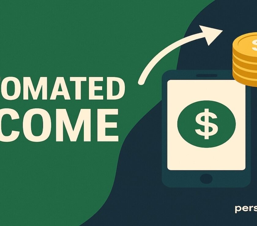 Modern illustration showing automated income concept with smartphone, upward arrow, and gold coins, in green and dark blue PersonalOne brand colors with personalone.org in bottom right corner