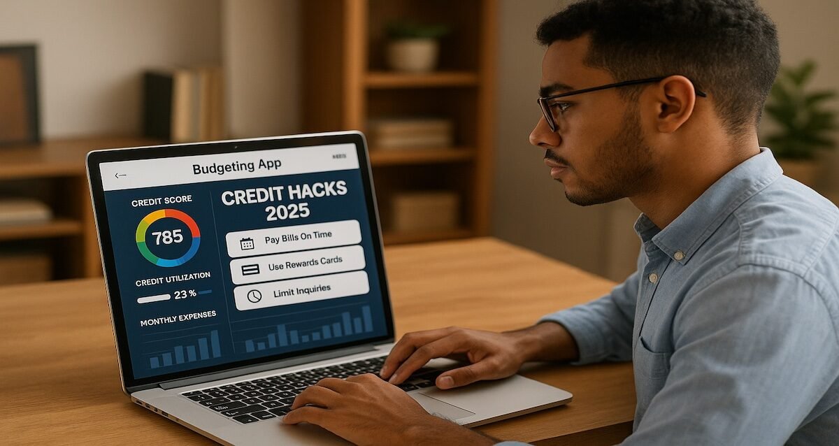 Young professional managing credit cards and budgeting app on laptop—visualizing credit hacks in 2025