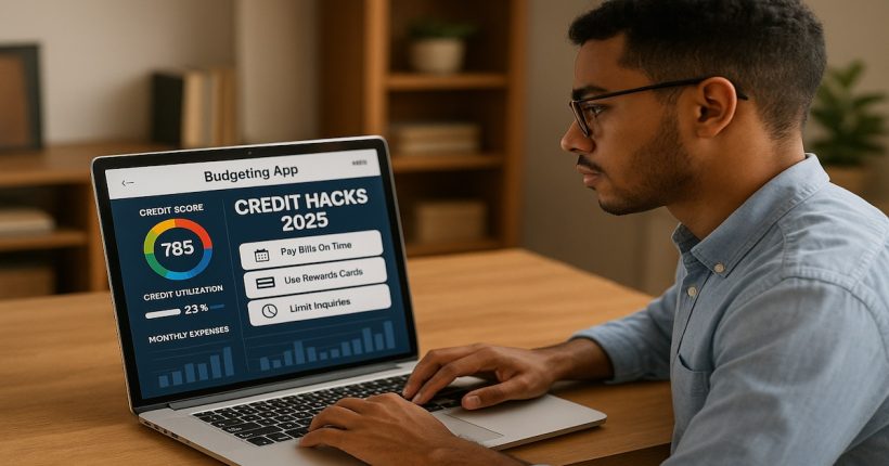Young professional managing credit cards and budgeting app on laptop—visualizing credit hacks in 2025