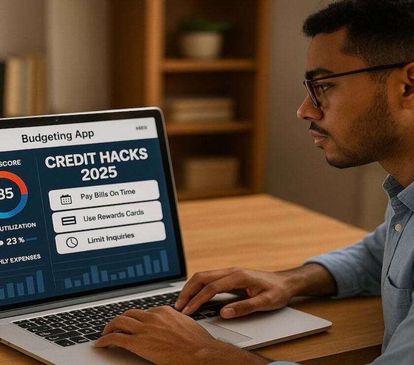 Young professional managing credit cards and budgeting app on laptop—visualizing credit hacks in 2025