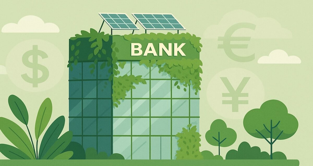 Green banking concept showing sustainable bank building surrounded by plants, symbolizing eco-friendly finance and ESG investing