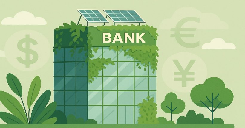 Green banking concept showing sustainable bank building surrounded by plants, symbolizing eco-friendly finance and ESG investing