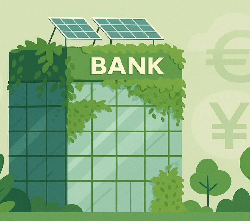 Green banking concept showing sustainable bank building surrounded by plants, symbolizing eco-friendly finance and ESG investing