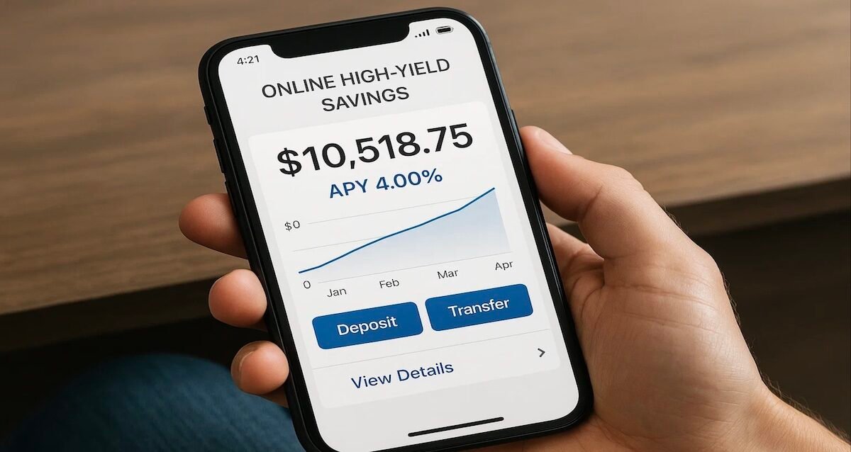 A phone screen showing a HYSA digital savings dashboard with rising interest bars and “4.00% APY” highlighted in green