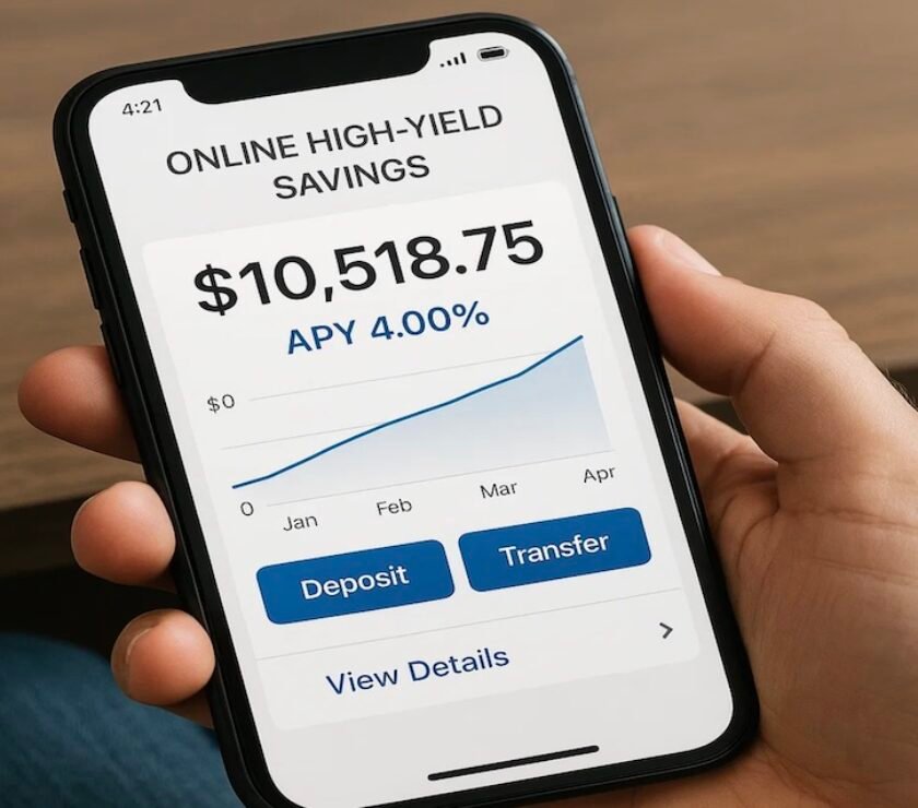 A phone screen showing a HYSA digital savings dashboard with rising interest bars and “4.00% APY” highlighted in green