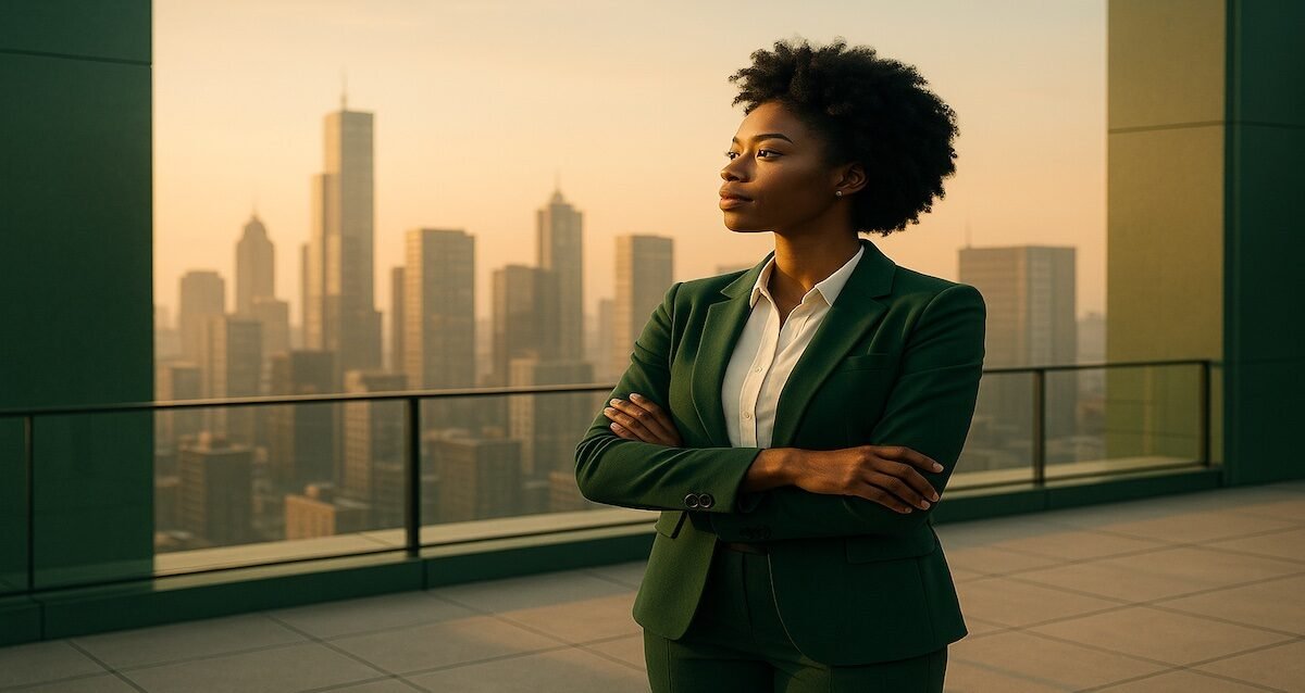 Millennial professional gazing over city skyline at sunrise, representing a confident million-dollar mindset and 2026 wealth goals