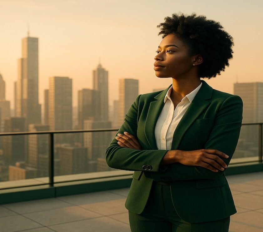 Millennial professional gazing over city skyline at sunrise, representing a confident million-dollar mindset and 2026 wealth goals