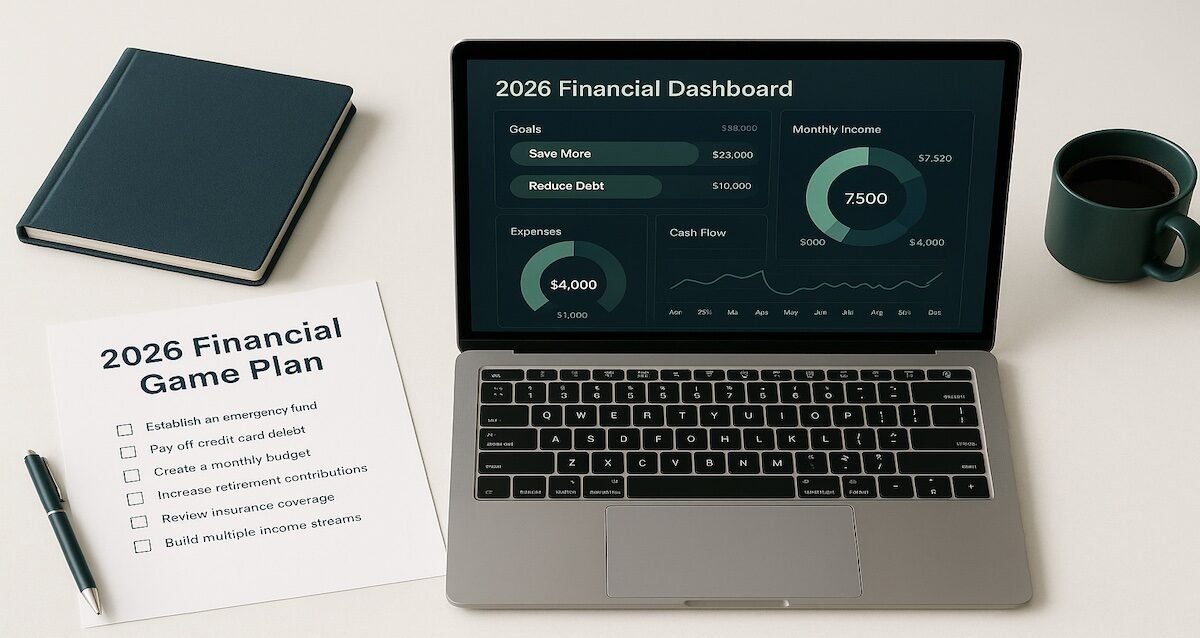 Financial planning workspace with laptop, 2026 goal checklist, coffee, and notebook on a clean desk for year-end personal finance strategy