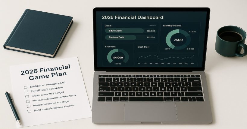 Financial planning workspace with laptop, 2026 goal checklist, coffee, and notebook on a clean desk for year-end personal finance strategy