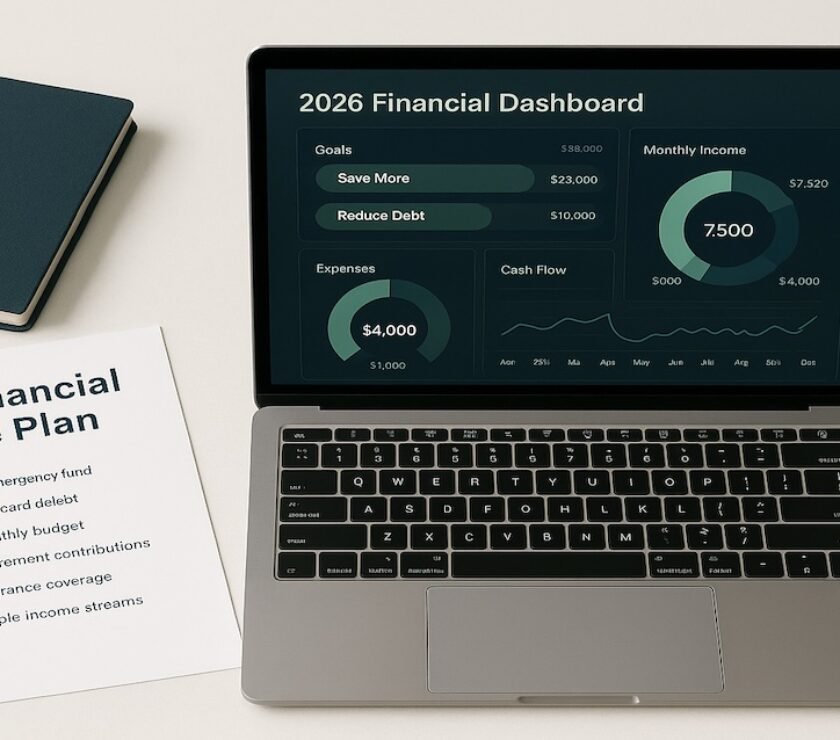 Financial planning workspace with laptop, 2026 goal checklist, coffee, and notebook on a clean desk for year-end personal finance strategy