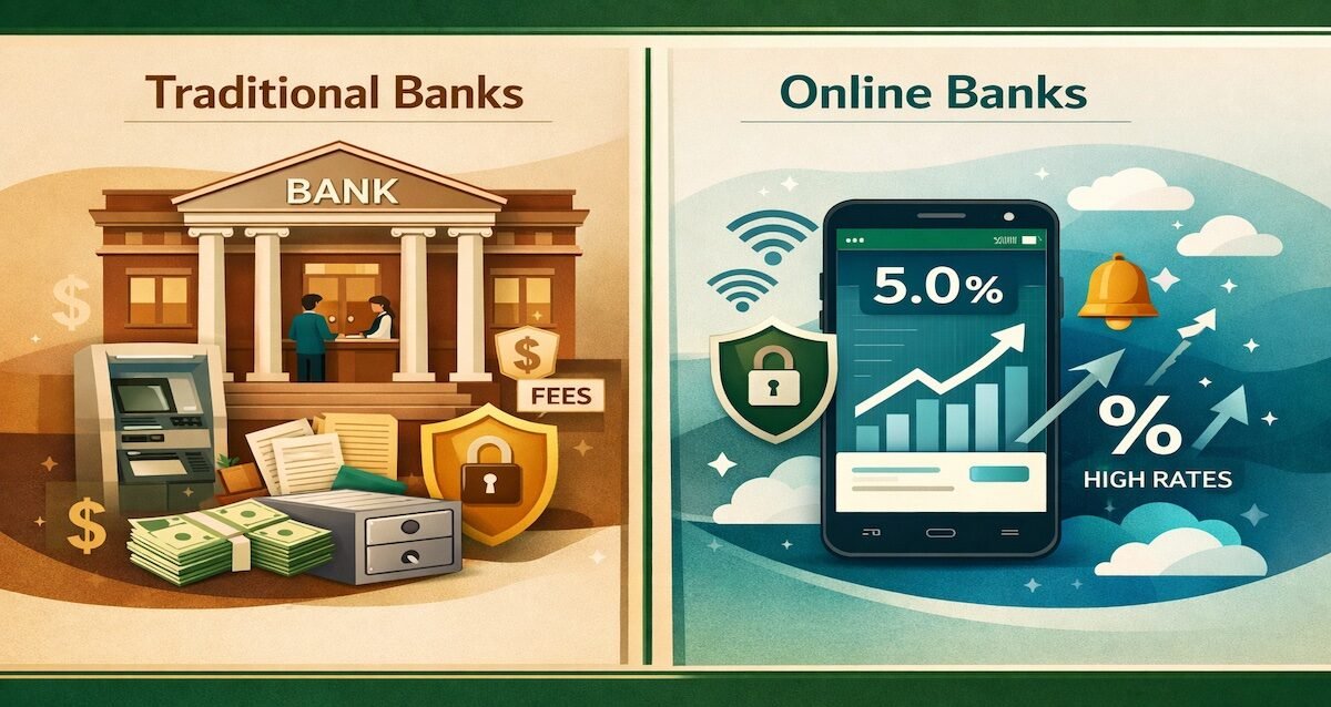 Split-screen comparison showing traditional bank building with teller on left versus smartphone with digital banking app on right in forest green and beige colors