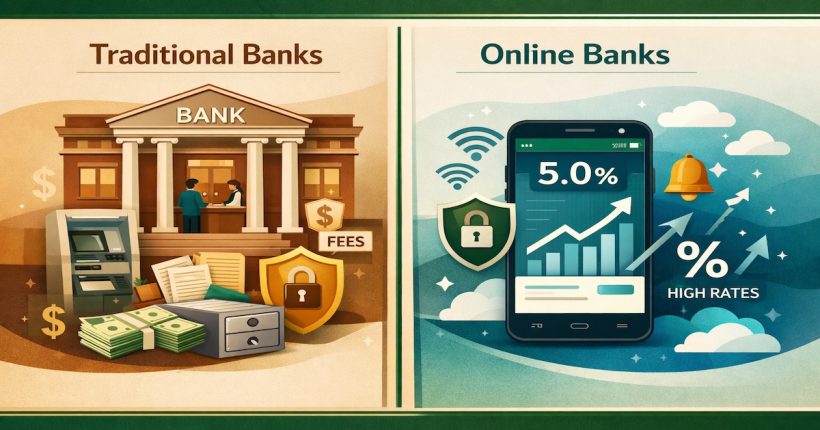 Split-screen comparison showing traditional bank building with teller on left versus smartphone with digital banking app on right in forest green and beige colors