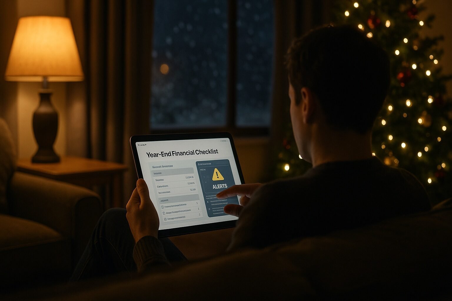 Person reviewing a year-end financial checklist on a tablet in a cozy living room with warm lighting and a holiday tree in the background.