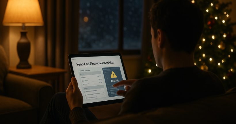 Person reviewing a year-end financial checklist on a tablet in a cozy living room with warm lighting and a holiday tree in the background.