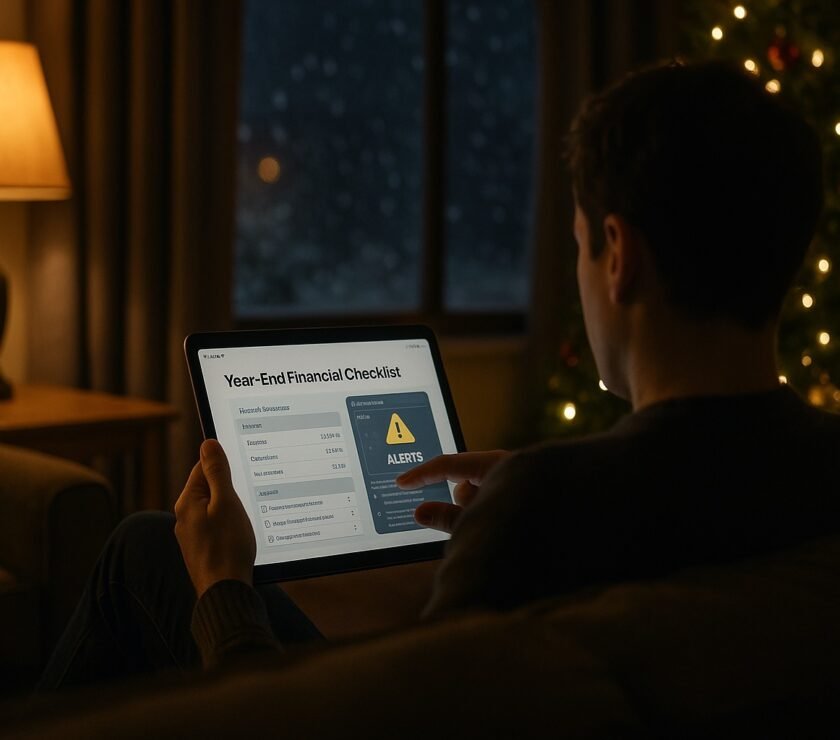 Person reviewing a year-end financial checklist on a tablet in a cozy living room with warm lighting and a holiday tree in the background.