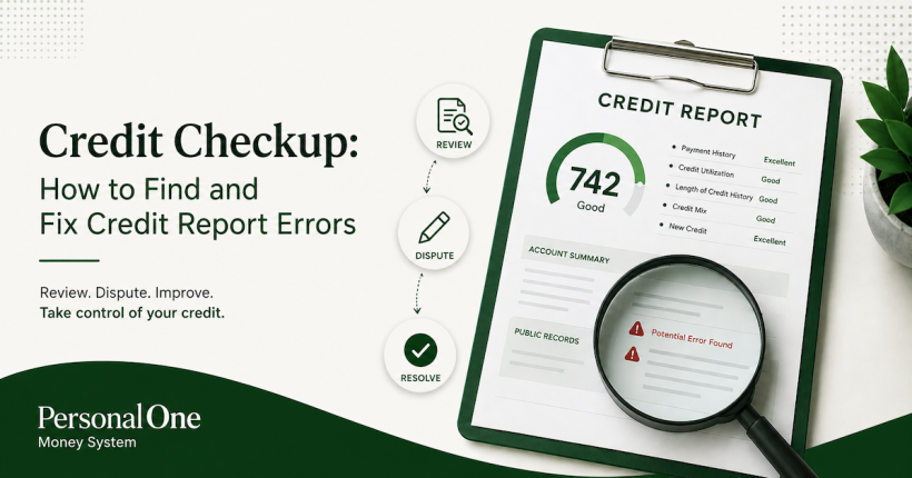 Credit checkup desk with credit reports, laptop, pen, and a printed 2025 checklist for improving credit before the new year