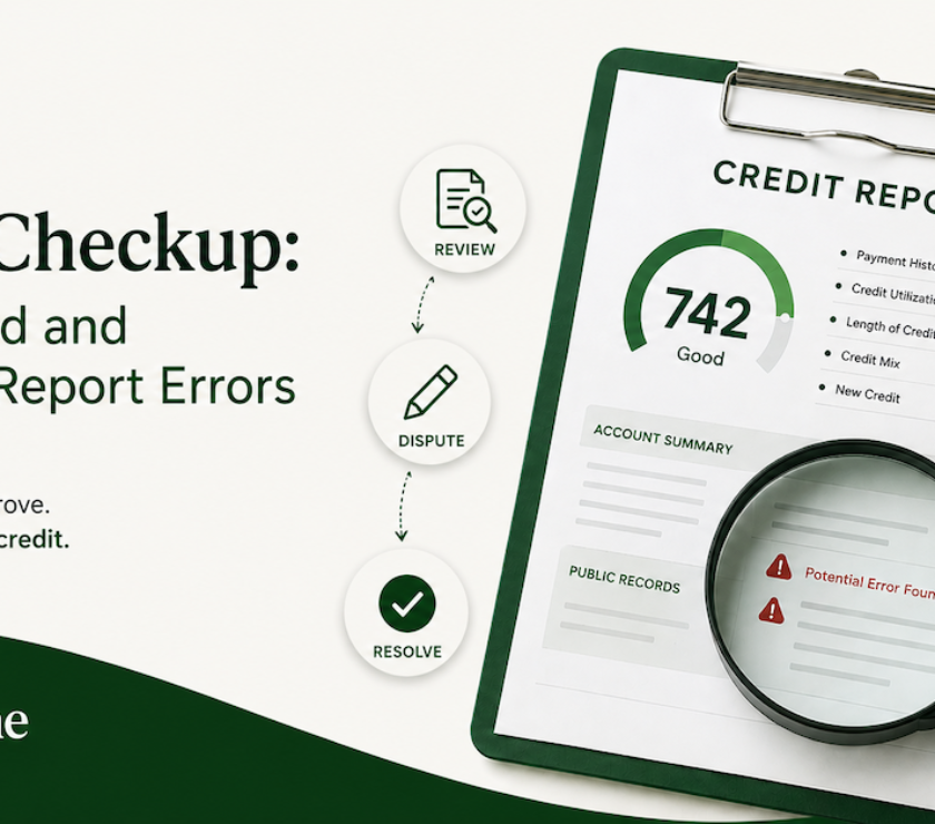 Credit checkup desk with credit reports, laptop, pen, and a printed 2025 checklist for improving credit before the new year