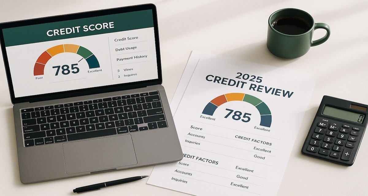 Credit checkup desk with credit reports, laptop, pen, and a printed 2025 checklist for improving credit before the new year