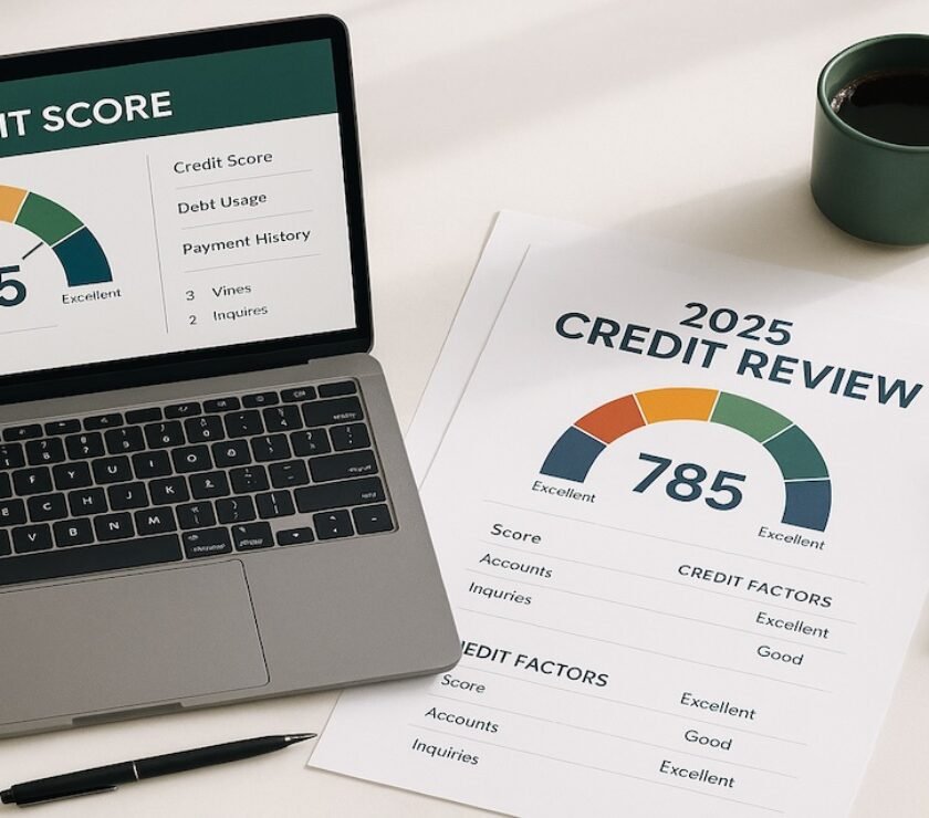 Credit checkup desk with credit reports, laptop, pen, and a printed 2025 checklist for improving credit before the new year