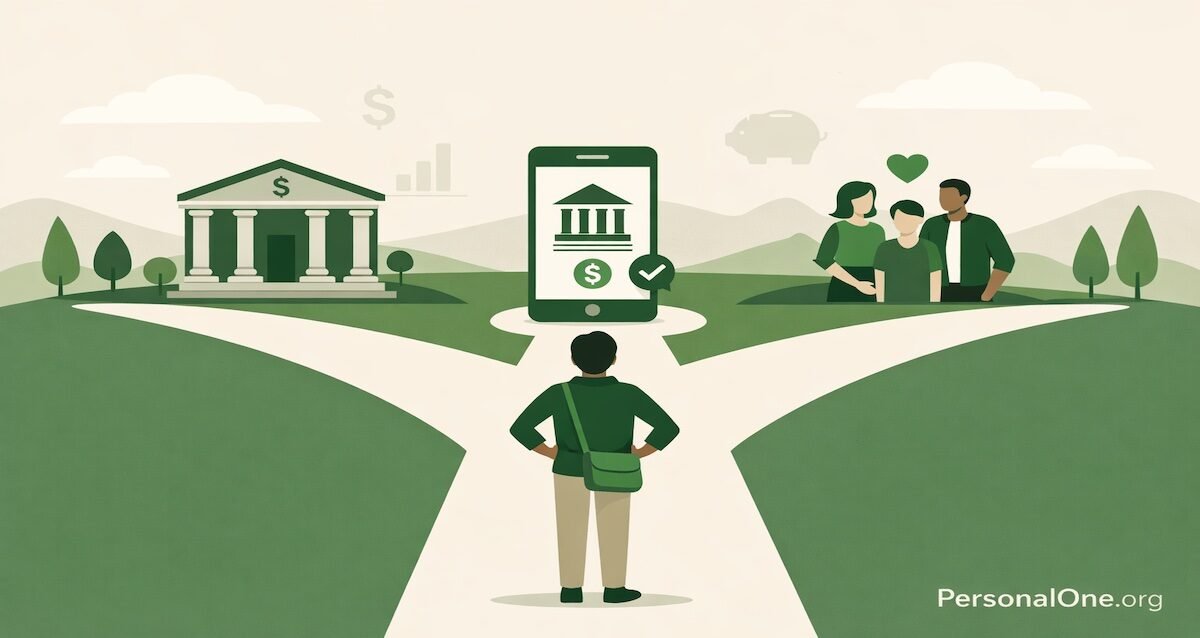 Person choosing between traditional bank, online bank, and credit union pathways with decision framework icons in forest green and beige colors