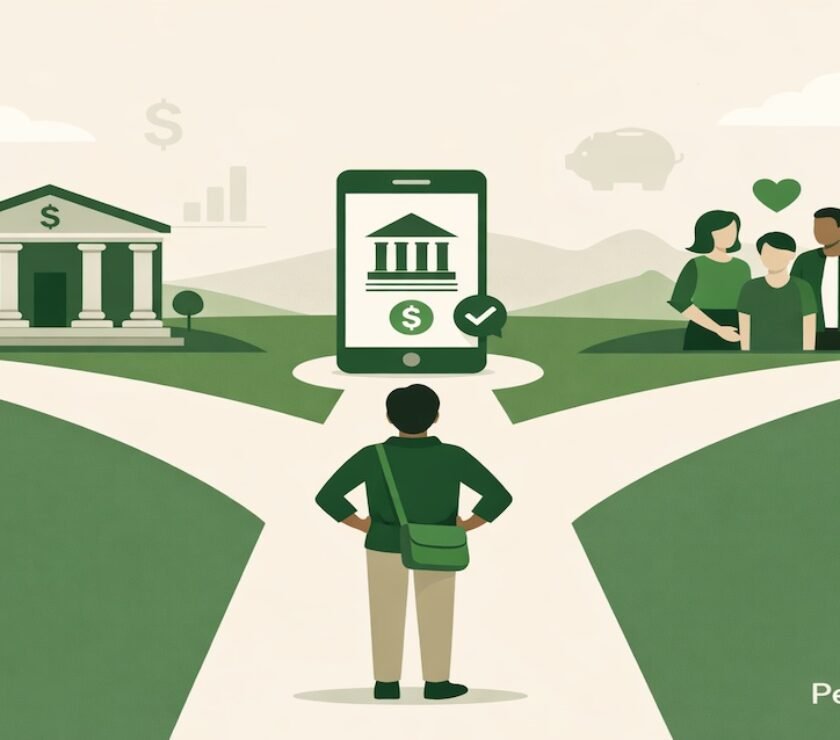 Person choosing between traditional bank, online bank, and credit union pathways with decision framework icons in forest green and beige colors