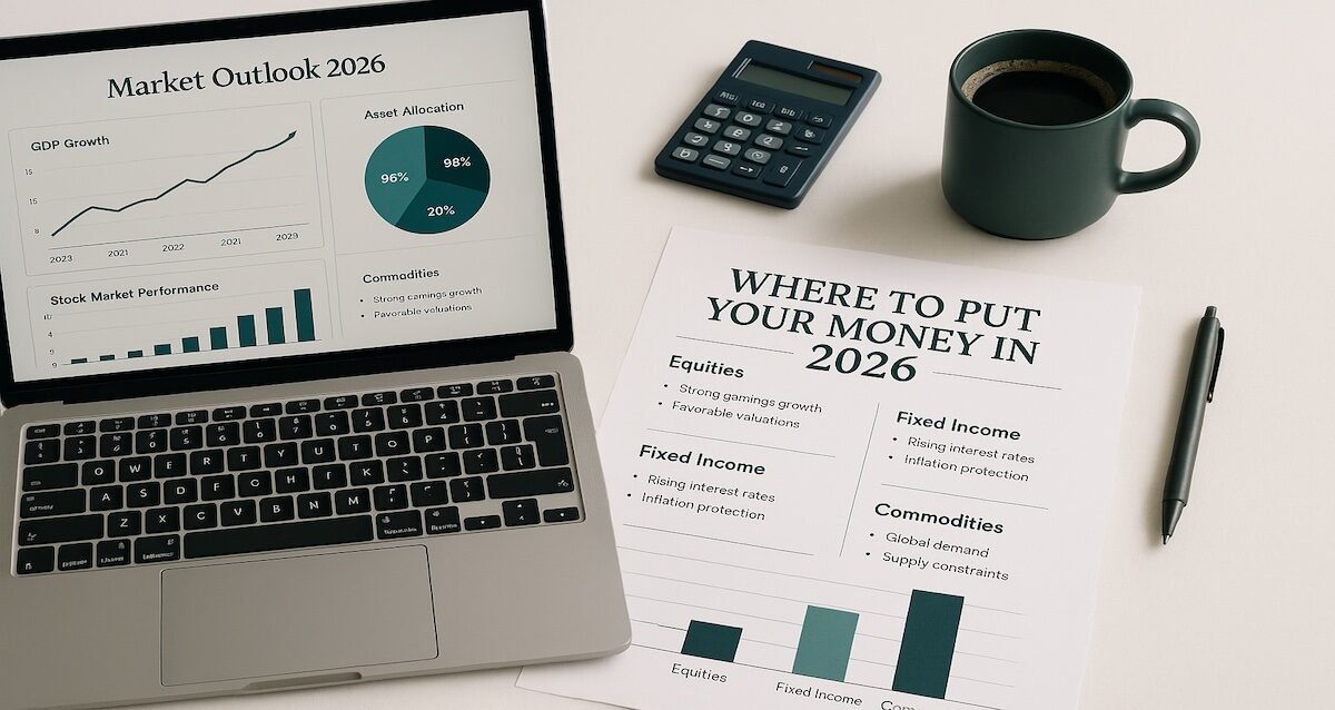 Financial planning desk showing charts, index fund reports, and a 2026 investment strategy checklist on a clean white surface