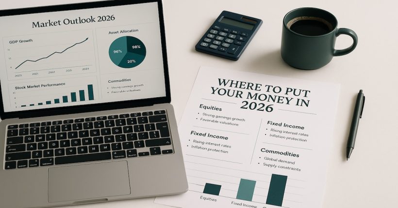 Financial planning desk showing charts, index fund reports, and a 2026 investment strategy checklist on a clean white surface