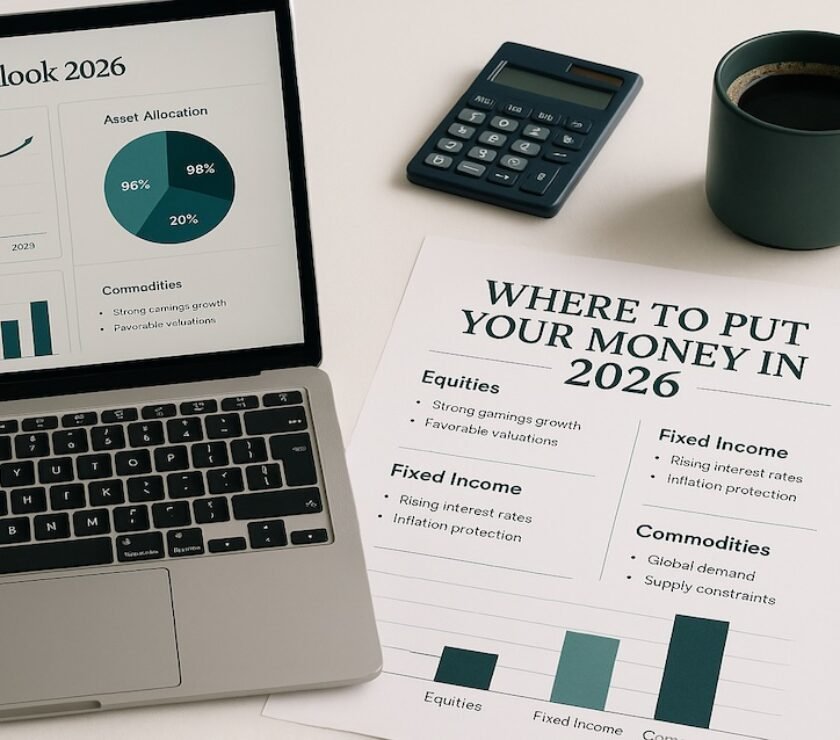 Financial planning desk showing charts, index fund reports, and a 2026 investment strategy checklist on a clean white surface