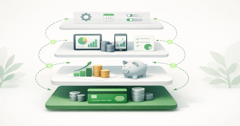 Illustration of a modern banking stack showing checking, savings, budgeting apps, and automation working together