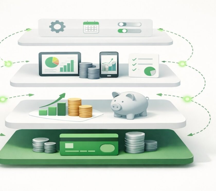 Illustration of a modern banking stack showing checking, savings, budgeting apps, and automation working together