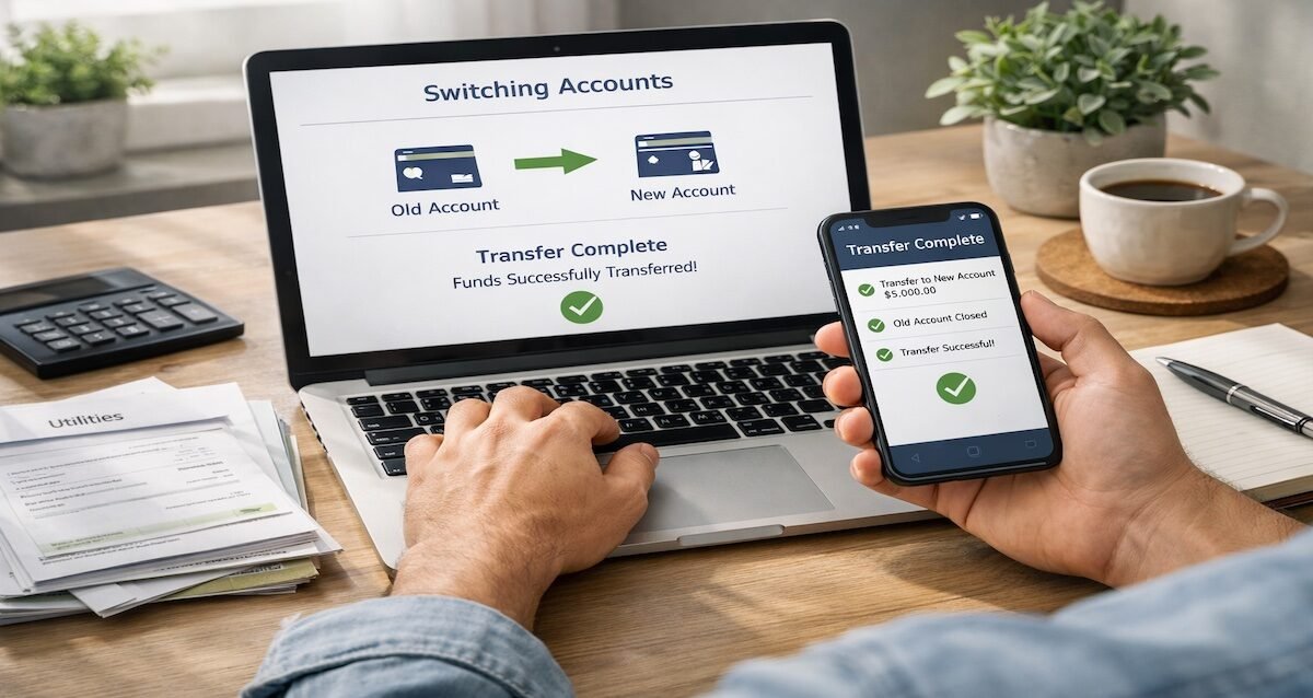 Person reviewing bills and mobile banking apps while safely switching bank accounts without missing autopay payments