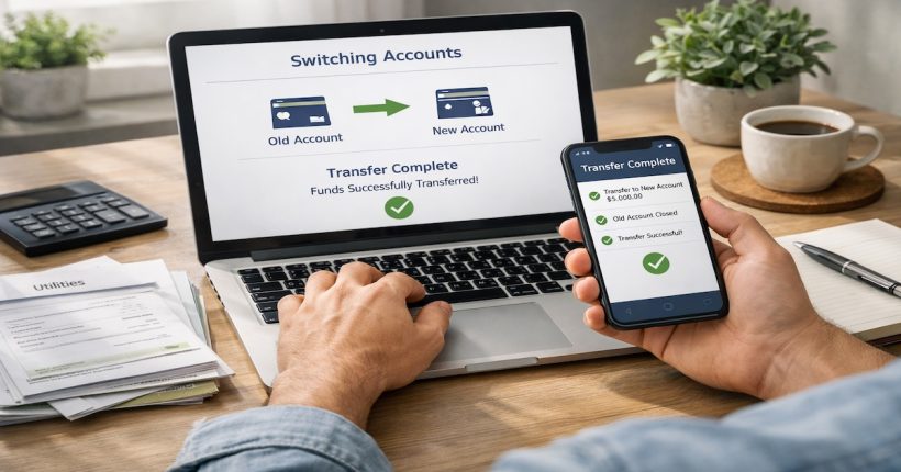 Person reviewing bills and mobile banking apps while safely switching bank accounts without missing autopay payments
