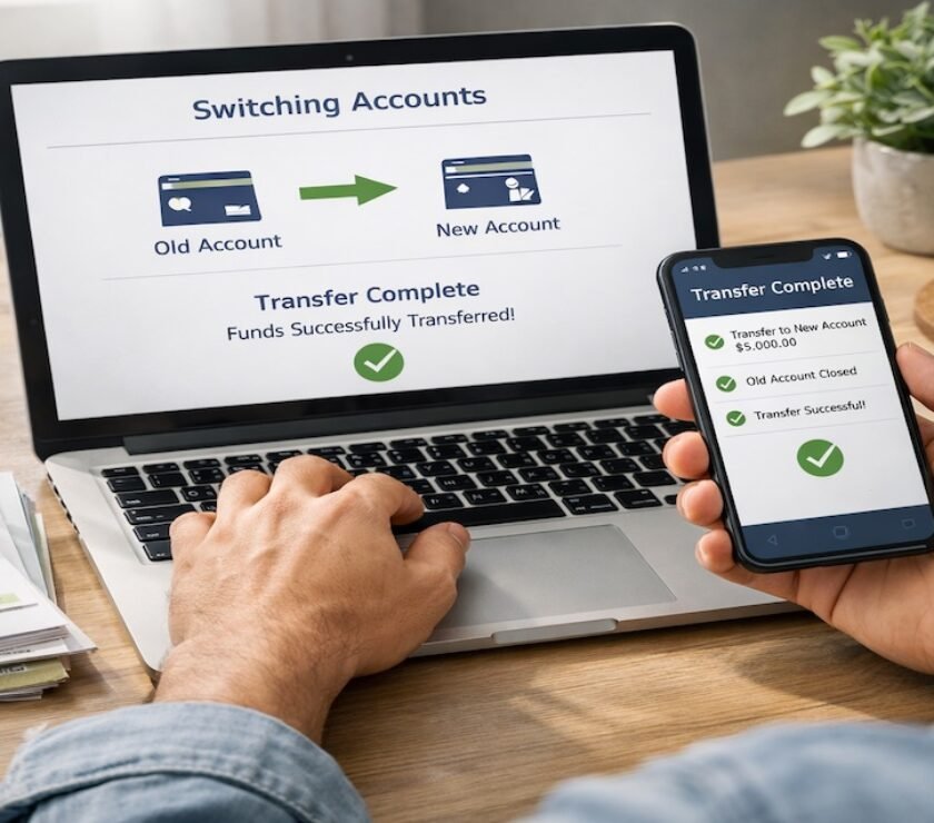 Person reviewing bills and mobile banking apps while safely switching bank accounts without missing autopay payments