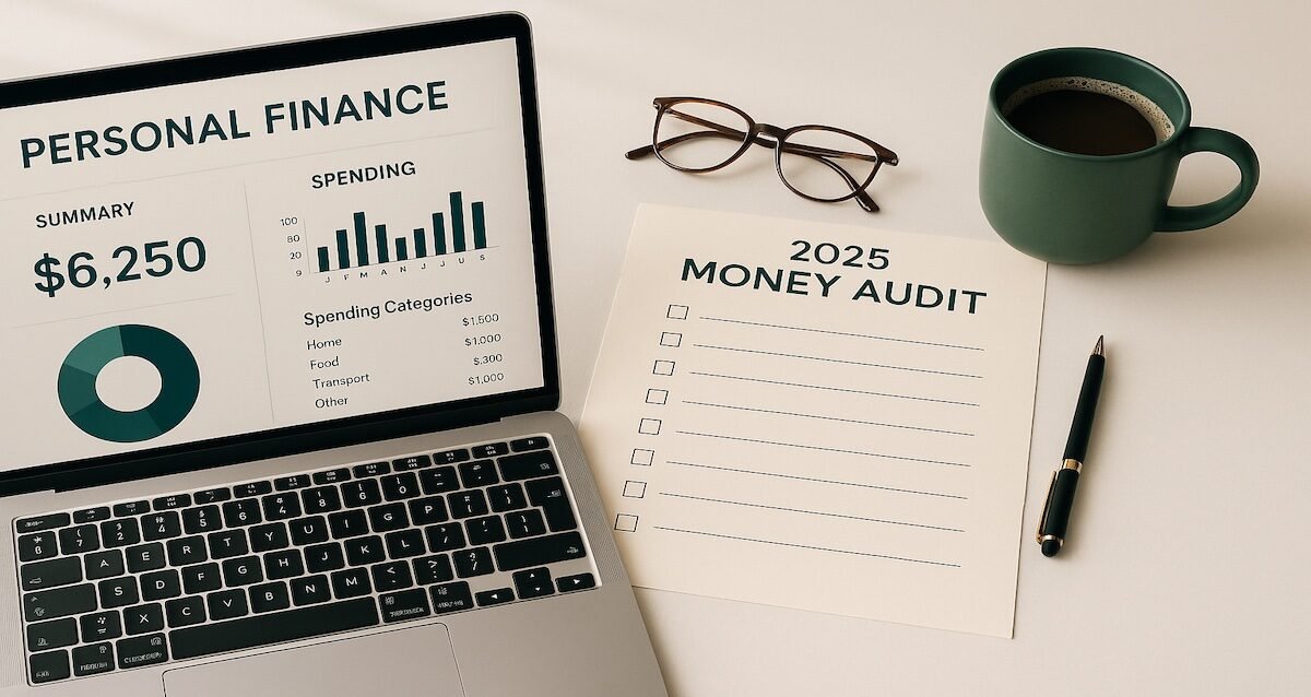 Year-end money audit workspace with laptop financial dashboard, checklist titled 2025 audit, pen and coffee on a clean desk for personal finance planning