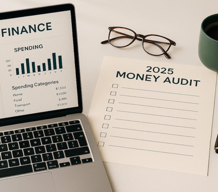 Year-end money audit workspace with laptop financial dashboard, checklist titled 2025 audit, pen and coffee on a clean desk for personal finance planning
