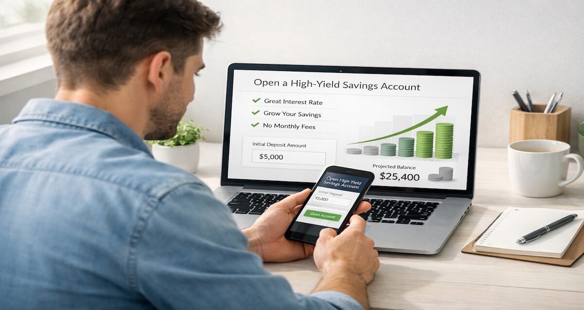 Person using a laptop and smartphone to open a high-yield savings account online with a modern digital bank