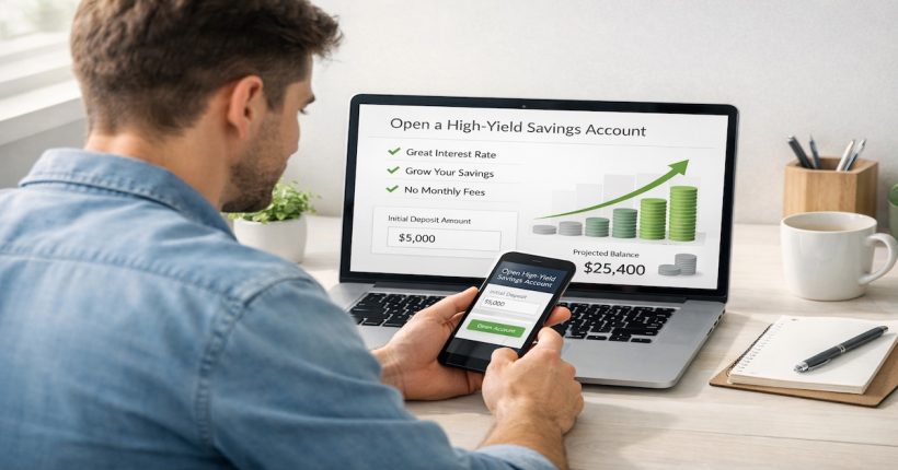 Person using a laptop and smartphone to open a high-yield savings account online with a modern digital bank