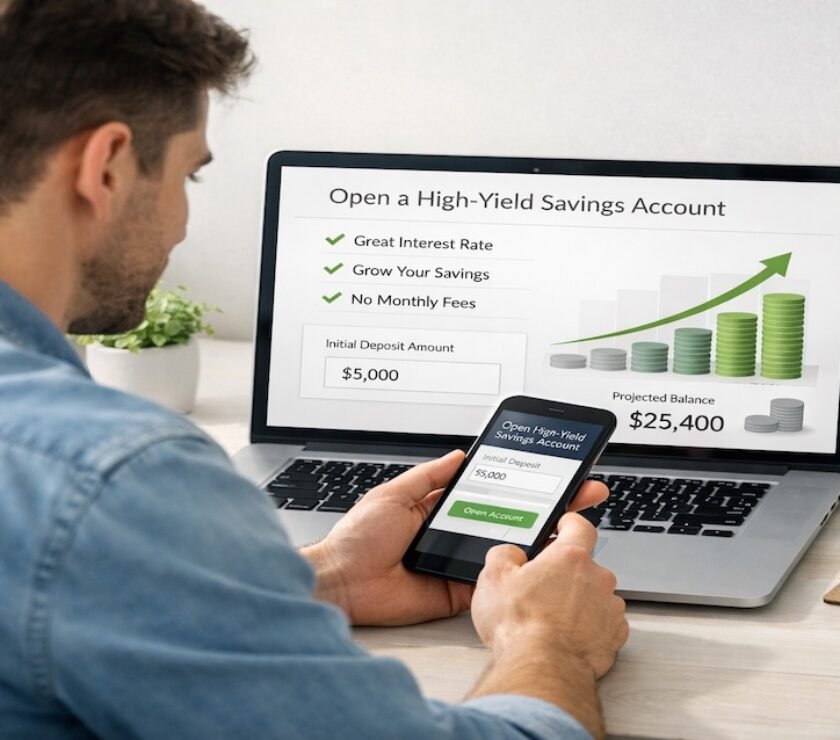 Person using a laptop and smartphone to open a high-yield savings account online with a modern digital bank