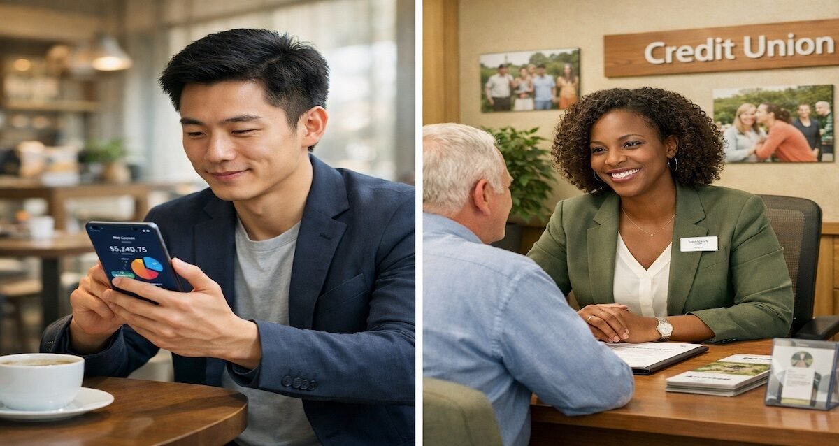Comparison of neobank mobile banking on smartphone versus credit union in-person banking service, illustrating digital and traditional banking options