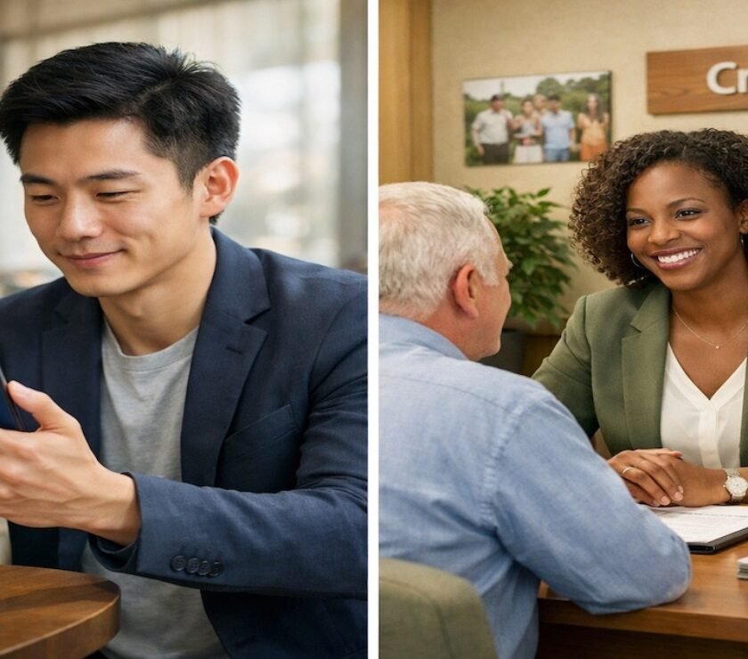Comparison of neobank mobile banking on smartphone versus credit union in-person banking service, illustrating digital and traditional banking options