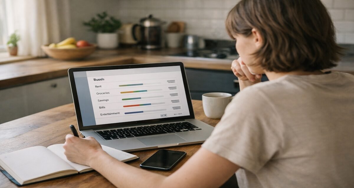 Person building a realistic monthly budget using a laptop and notebook at home