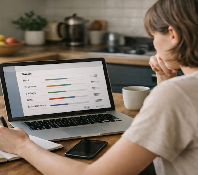 Person building a realistic monthly budget using a laptop and notebook at home