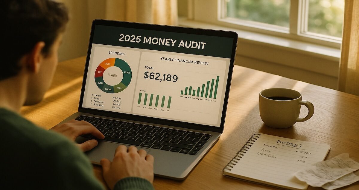 Over-the-shoulder view of a person reviewing a 2025 money audit on a laptop with charts, budget notes, receipts, and morning sunlight on a kitchen table