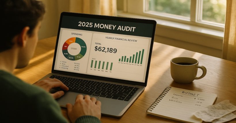 Over-the-shoulder view of a person reviewing a 2025 money audit on a laptop with charts, budget notes, receipts, and morning sunlight on a kitchen table